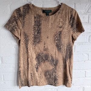 Lauren Ralph Lauren Petite Snake Print Short Sleeve T Shirt Top Beige Brown P/M